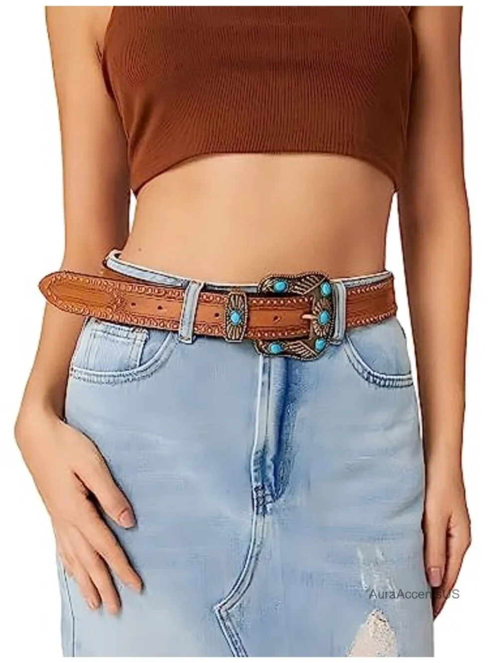 Vintage Western Belt with Embossed Leather, Single-Prong Buckle, Adjustable Fit